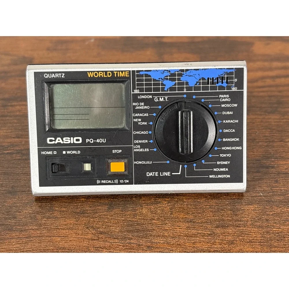 Vintage Casio PQ-40U World Time Digital Alarm Clock Silver Japan Travel Retro